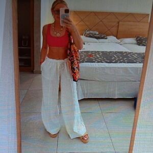 New 1X A New Day Linen Raylon Blend‎ Wide Leg High Rise Pull On Pants Whi…